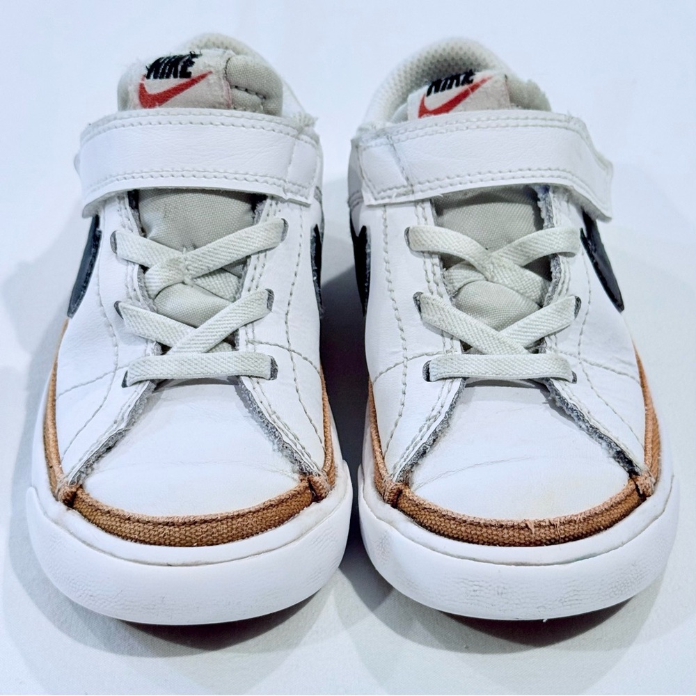 Nike Court Legacy Low Top Sneakers Boys 9 Girls White Black Tan Leather Velcro - Picture 2 of 8